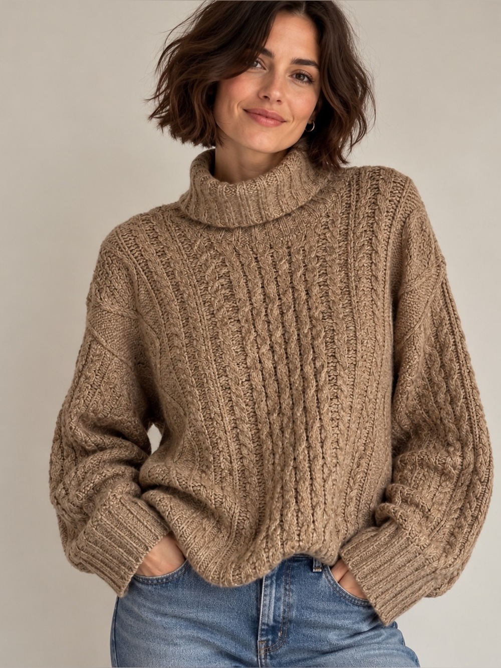 LINE With Anthropologie Camel Cable Knit Alpaca Blend Turtleneck Sweater SZ Lg